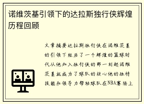 诺维茨基引领下的达拉斯独行侠辉煌历程回顾