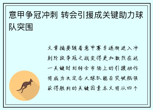意甲争冠冲刺 转会引援成关键助力球队突围
